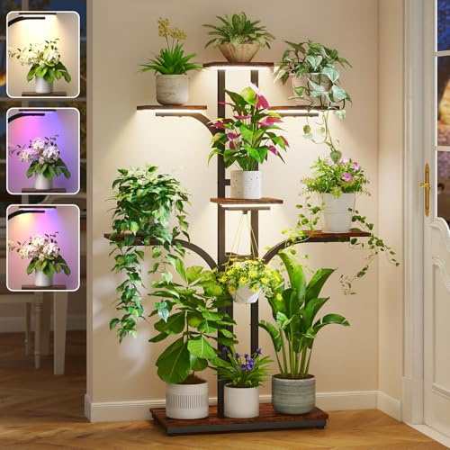 ikkle Pflanzenständer mit Wachstumslicht, 136 cm Hoher Blumenständer | 7-ebiges Eck-Pflanzenregal für Zimmerpflanzen, Blumentopf Aussteller, Baumförmiges Blumenregal für Wohnzimmer, Innen, Balkon
