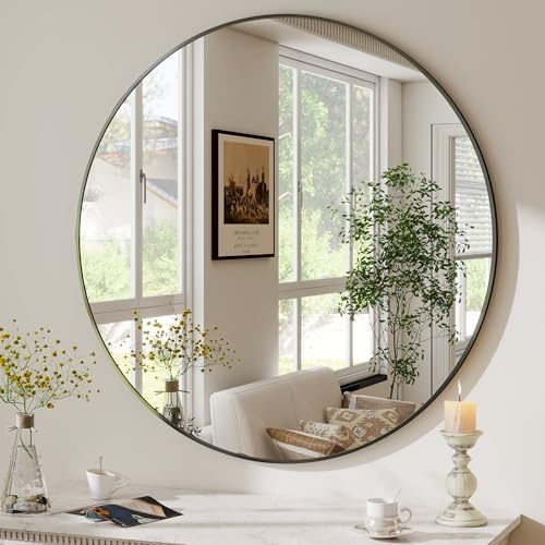 Koonmi runder Wandspiegel 40.8 cm, Aluminiumrahmen, Schwarz | Bad und Schminkspiegel zur Wandmontage für Badezimmer, Wohnzimmer, Schlafzimmer und Eingangsbereich