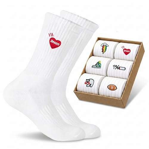 Mmyzao 6 Paar Socken mit Stickmuster, weiße Sportsocken für Damen/Herren, atmungsaktive Baumwollsocken mit Motiv (Tiere/Essen/Kunst)