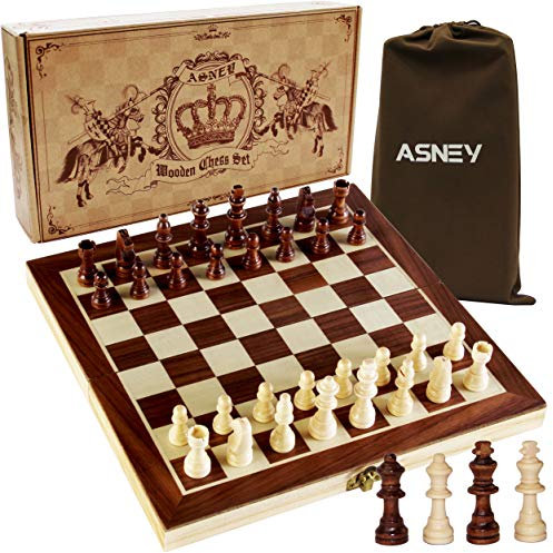 ASNEY Das Eskalierte Magnetische Schachspiel Holz mit Der Größe von 12 x 12,auch mit Faltbarem Spielbrett, Enthält Einen Lagerraum und Extra auch Figuren für König und Königin owie Set-TaschSe