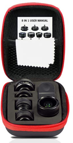 Adcom 8 in 1 Mobile Phone Camera Lens Kit for 0.36x, 0.63x Wide Angle Lens, 2X Telephoto, Kaleidoscope, Starburst, 198 Fisheye, 15x Macro Lens, CPL Universal Clip-On Cell Phone Travel Lens (Black)
