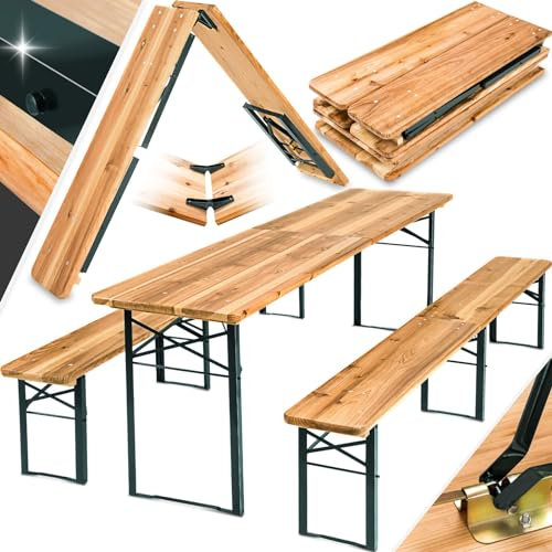 TecTake® Ensemble de Table de Jardin et Banc en Bois de Brasserie Salon de Jardin Pliable et Peu encombrant, avec Support Parasol, Mobilier de Jardin pour Pique Nique Réceptions Barbecue Mariage