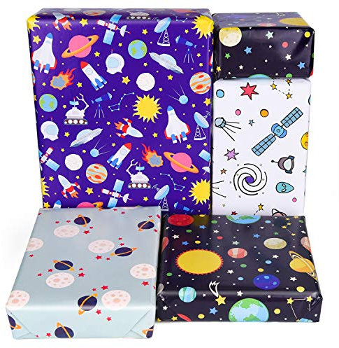 PLULON 6 Sheets Gift Wrapping Paper Birthday, Boys Outer Space Design Wrapping Paper for Kids Present Birthday Party and Baby Shower (Outer space/6 sheets)