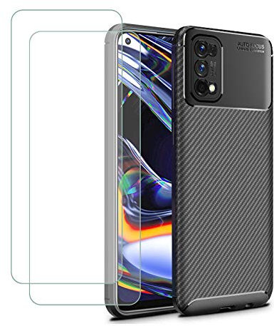 Young & Min Funda para Realme 7 Pro + Protectores de Pantalla in Cristal Templado, Resistente Funda TPU Protectora e Anti-Scratch Blando Funda, Negro