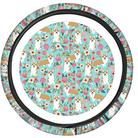 Binienty Auto-Lenkradhülle, Blumen-Corgi-Druck, universelle Passform, 38,1 cm, Neopren, langlebig