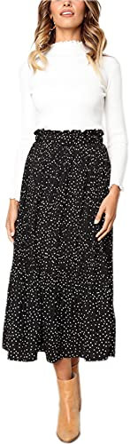 Hoerev Frauen Print Punkt mit Taschen Falten Langer Rock Beach Party Maxi Rock,Schwarz Punkt,M