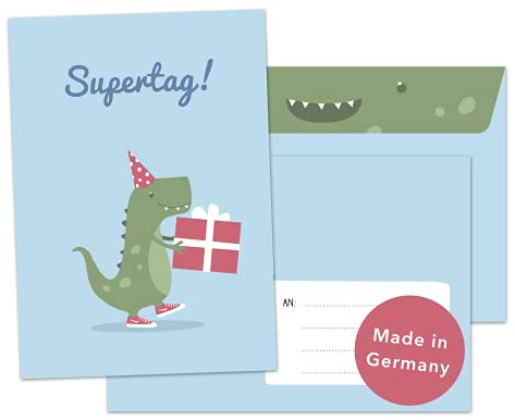 Decento® Einladung Geburtstag Dino - 8 Karten mit Umschlag für Jungen - Kindergeburtstag Dinosaurier T-Rex Party - Einladungskarten für Kinder zum Ausfüllen und Beschriften