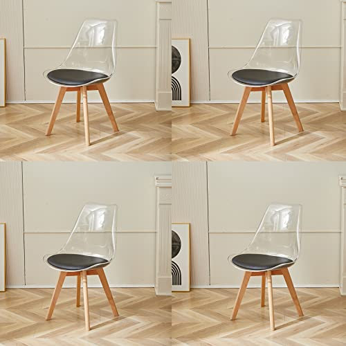 GrandCA HOME Pack 4 Sillas de Comedor con Respaldo Transparente y Patas de Madera, Sillas Tapizadas Sillas Nórdicas para Cocina Comedor (Negro/Cuero)