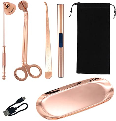 Candle Accessory Set, 5 in 1 Candle Snuffer Kit Care Tools Stainless Steel Candle Wick Trimmer, Wick Dipper, Wick Snuffer, Storage Tray Plate with Electric Candle Lighter, Bag for Candle Lover