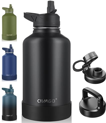 CIVAGO 64 oz Insulated Water Bottle With Straw, Half Gallon Stainless Steel Sports Water Flask Jug with 3 Lids (Straw, Spout and Handle Lid), Large Metal Thermal Cup Mug, Midnight Black