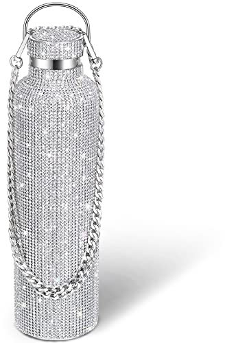Diamond Water Bottle Bling Rhinestone Stainless Steel Thermal Bottle Refillable Water Bottle Insulated Water Bottle Glitter Water Bottle with Chain for Christmas Halloween(Silver,1000 ml)