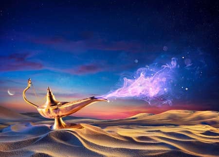 Acryl-Bild 60 x 40 cm: Wunschlampe auf dem Sand in der Wüste mit Genie(153036935)