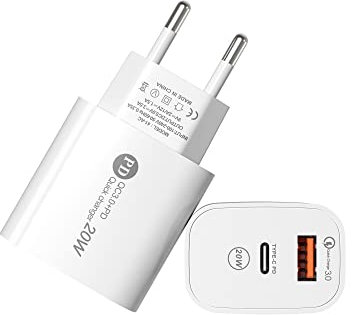 D.Square- Cargador USB C, 20W Movil Cargador QC PD Multiple, Carga Rapida con Mini Cargador Tipo C y QC3.0 Compatible para iPhone Pro 12 X SE 3 iPad Pro MacBook Air Galaxy S22 Xiaomi Mi11 Redmi 10