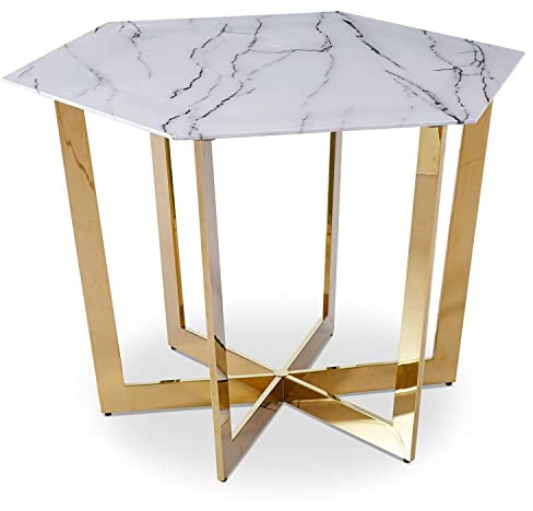 Menzzo Table hexagonale 120cm Zadig Verre Effet marbre Blanc et Pied Métal Or