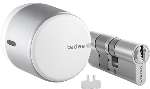tedee Go Cerradura Inteligente Plata, Bluetooth Cerradura Electronica con Bloqueo Automático y App, Certificado AV-TEST (+ Modular cylinder GERDA 30-61 mm / 30 mm (A) + bar)