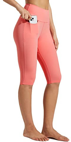 WILLIT Damen Knielange Caprihose Leggings Capri mit Taschen High Waisted Übung Capris Hosen für den Sommer Yoga Workout Rosa L