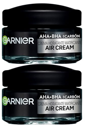 Garnier Air Cream AHA BHA feuchtigkeitsspendende Gesichtscreme mit Holzkohle für empfindliche Haut, sanfte Formel 48 Stunden, feuchtigkeitsspendend, schnelle Absorption – 2 Dosen à 50 ml