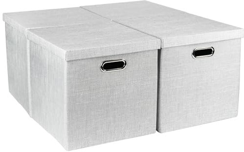 BinWhiz 33x33x33 cm Collapsible High-density Fabric Storage Cubes with Lids, Burlap Cloth Bin Organizer Box, Set of 4, Silver Grey