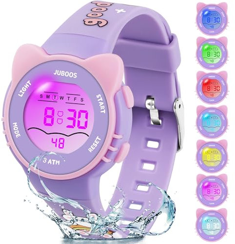 Juboos Montre Enfant avec Bracelet Imprimé et 7 Lumières Colorées,Montre Digitale Étanche pour Enfants avec Oreilles de Chat pour Garçons et Filles de 4 à 12 Ans