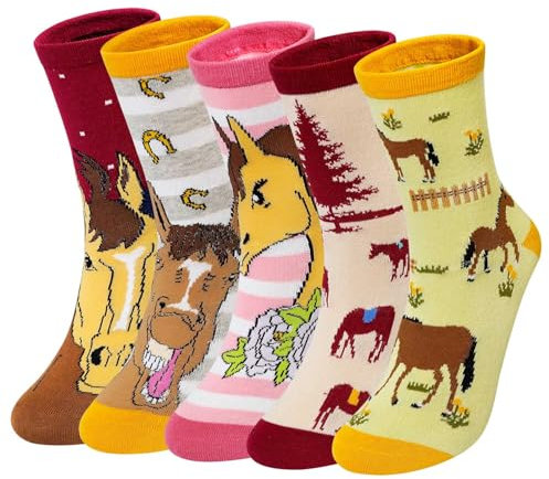 Damen Socken Lustige Tiere: Baumwolle Socken Lustige Cartoon Pferd Socken Neuheit Crew Socken 5er Pack Geschenk für Frauen