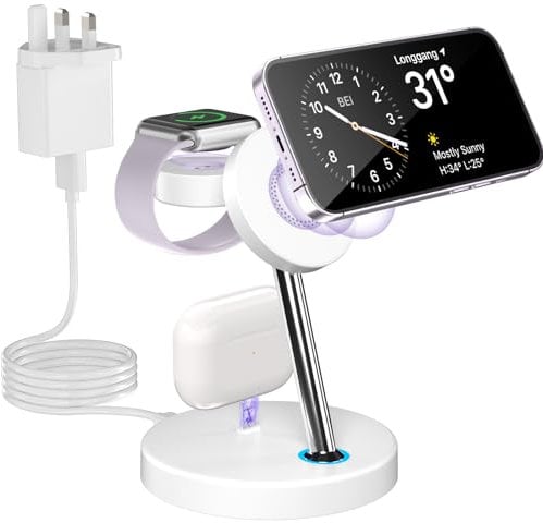 3 in 1 Mag-Safe Wireless Charging Station Magnetic Wireless Charger Inductive Charger Compatible with i Phone 16 15 14 13 12ProMax/Pro,Apple Watch Ultra 9/8/7/SE/6/5/4/3/2 White