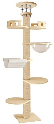 Fukursul Floor to Ceiling Cat Tree, Height Adjustable 6-Tier Hemp Scratching Post for Indoor and Outdoor Use - Sturdy Cat Activity Tower for Large Cats 1 Set