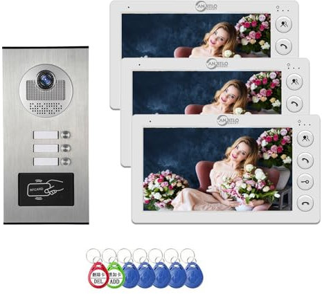 Videoportero con cable para apartamentos, 3 unidades, monitor de 7 pulgadas, videoportero, timbre de puerta de vídeo para interiores y exteriores, desbloqueo de tarjeta de identificación, audio de 2