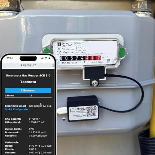 Smartnetz Gasreader 5 Plug & Play in der Smartnetz App für RS Gaszähler Pietro Fiorentini/SAMGAS- WiFi mit TASMOTA vorinstalliert | WLAN | HOMEASSISTANT MQTT | RS Gaszähler AUSLESEN
