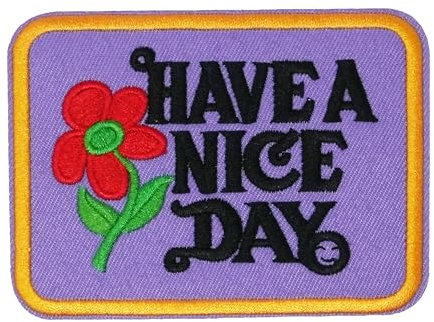 Retro “Have A Nice Day” Iron-On Patch – Purple Background with Gold Border & Red Flower – 1970s Style Embroidered Appliqué for Jackets, Bags, Denim & DIY Crafts (9 x 7 cm)