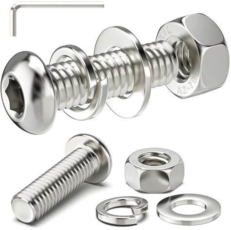 10Sets M6 x 20mm Button Head Socket Bolts Screws and Nuts | M6 Bolts and Nuts Set, Flat & Lock Washers, 304 Stainless Steel, Fully Threaded with Allen Key