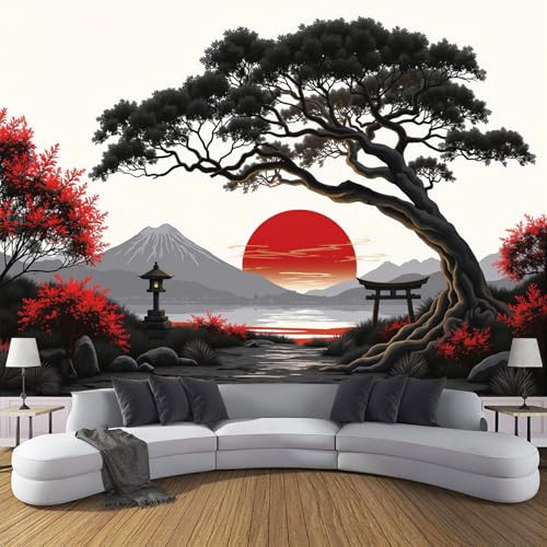 Fototapete - Seidenstoff Japanisches Zen 150 x 105 cm - Foto Tapete Schlafzimmer Wohnzimmer Wandtapete Bildtapete Wand Dekoration - Schwarz und Rot - Sonnenuntergang Berge