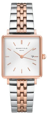 Rosefield Damenuhr The Boxy Roségold Eckiges Gehäuse - Weißes Zifferblatt mit Silber & Roségoldenem Band QVSRD-Q014