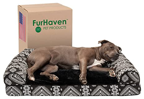 FurHaven Large Orthopedic Dog Bed Plush & Southwest Kilim Decor Sofa-Style w/Removable Washable Cover - Black Medallion, Large