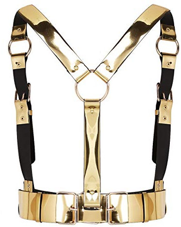 ranrann Unisex Erwachsene Glänzende Riemen Body Brust Taillen Harness Gürtel Geschirr Punk aus Kunstleder mit Schnallen Verstellbar für Party Club Gold A One_Size