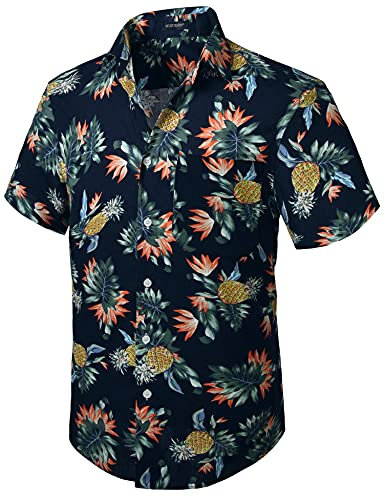 HISDERN Hommes Funky Hawaïenne Ananas Chemises AManches Courtes Poche Avant Vacances Ete Aloha Imprimé Plage Casual Bleu Marine Hawaii Chemise,XL,Multicolore-Bleu Marin