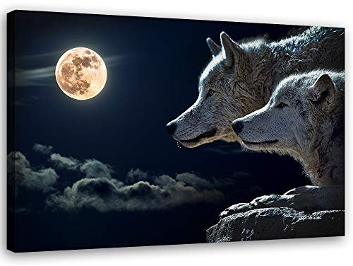 Feeby Wandbilder XXL Wolf Mond 90x60 cm 1Teilig Bilder Leinwandbilder Bild auf Leinwand Kunstdruck Wanddeko Wohnzimmer Schlafzimmer Tier Natur Blau