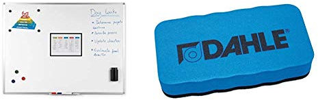 BoardsPlus Magnetisches Whiteboard 90 x 60 cm, Mit Aluminiumrahmen und Stifteablage, Tocken Abwischbar & Dahle Whiteboard Schwamm (Magnetischer Wischer für Trockenreinigung auf Oberflächen) blau