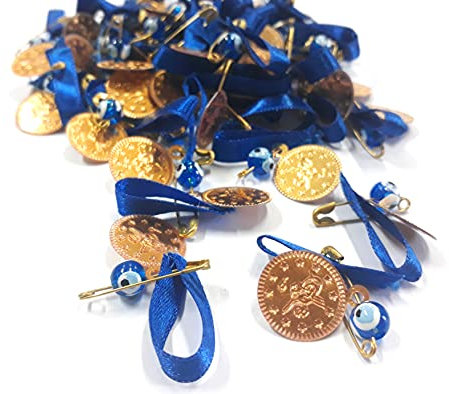 100 Stück, Nazar Boncuk, Blaues Auge, Evil Eye mit emaillierte Metall Münzperlen Tugra, Sicherheitsnadel und Kordel, Böser Blick Glücksbringer zum Verschenken Hochzeit (Blau)