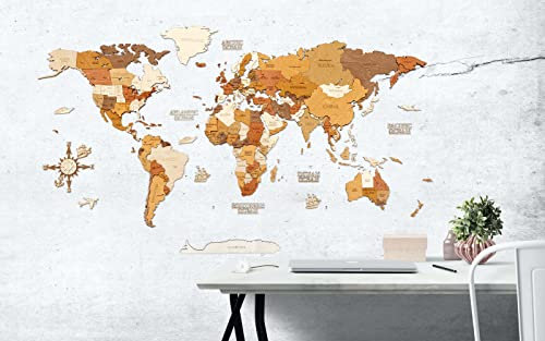 68travel Hölzerne Weltkarte Wanddekoration - mehrschichtig, gebeiztes Holz, eingravierte Namen - einzigartiger 3D-Effekt - für Wohnzimmer, Büro und Schlafzimmer L120 (120x70 cm)