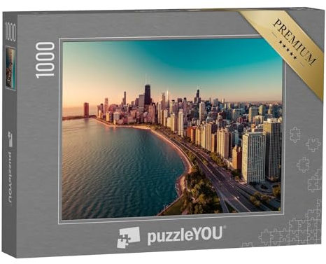 puzzleYOU: Puzzle 1000 Teile „Skyline von Chicago mit Sonnenaufgang und Lake Michigan“ – aus der Puzzle-Kollektion Chicago, Amerika, Amerikanische Städte