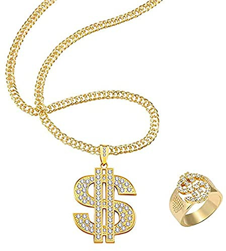 2 Stück Hip Hop Dollar Halskette, Halskette mit Dollar Anhänger, Dollar Zeichen Goldene Ring Halskette, Kettenhalskette im Punk Stil, für Männer und Frauen