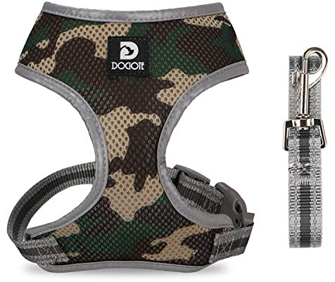 Dociote Hundegeschirr Set mit Leine - Brustgeschirr Welpengeschirr Set mit Leine & Reflektorstreifen verstellbares Geschirr für Welpen kleine Hunde Katzen Tarngrün XS