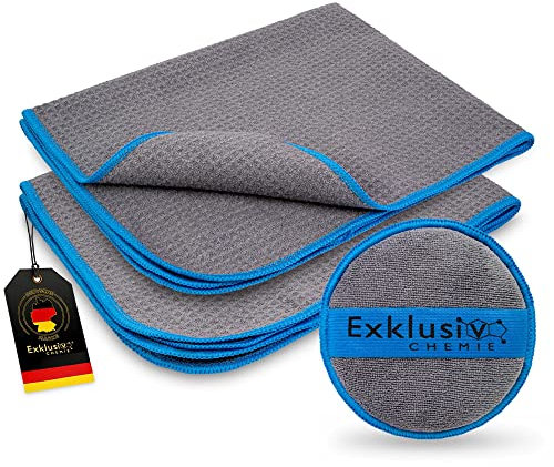 Exklusiv Chemie® Lot de 2 serviettes gaufrées Q5 320 GSM + éponge de polissage à main | Nettoyage des vitres sans traces | Chiffon en microfibre pour verre | 50 x 40 cm