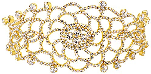 JewelryWe Schmuck Damen Choker Halskette Elegant funkelnde Strass Blumen Braut Hochzeit Kette Kragen Halsband Geschenke für Frau Mädchen Gold