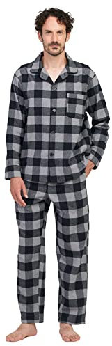 LAPASA Herren Pyjama-Set Relaxed Fit Lounge Top & Hose, Flanell Schlafanzugset M95, Schwarz + Graumeliert, XXL