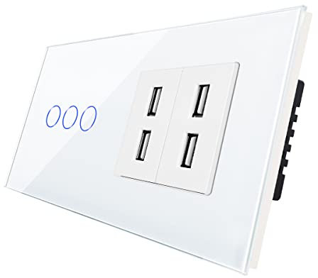 CNBINGO Interruptor táctil con 4 puertos USB de 2,4 A, interruptor táctil triple con marco de cristal y led de estado. Interruptor de pared empotrable en blanco, 500 W/compartimento