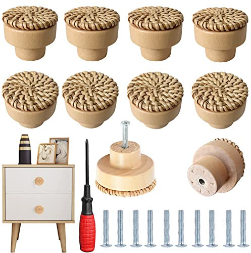 HY HUIJUN Rattan Möbelknöpfe, 10 Stück Runde Holz Knöpfe, Handgefertigt Schrankgriffe für Kommode,Schubladen, Küche,Küchenschränke mit Schraubendreher