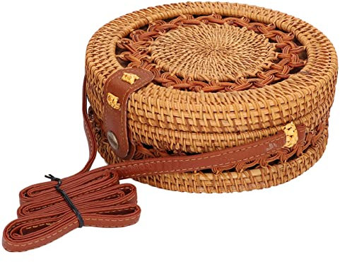 plplaao Handgewebte Runde Rattantasche,Umhängetaschen aus Stroh für Damen,Runde Umhängetaschen für Damen, stilvolle Damen-Rattan-handgefertigte Tasche,Umhängetasche aus Stroh