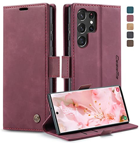 KZB Handyhülle für Samsung Galaxy S23 Ultra 5G Hülle Premium Lederhülle Klappbar Flip Case Tasche Magnet Kartenfach Standfunktion Schutzhülle für Samsung Galaxy S23 Ultra 6,8'' - Weinrot