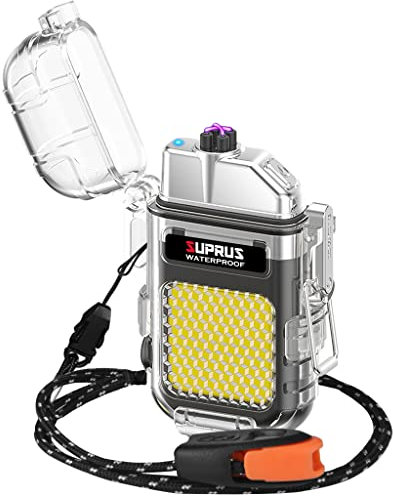 SUPRUS Waterproof Lighter, 3 Modes Flashlight Windproof Double Arc Electric Lighter Rechargeable Dual Arc Plasma Lighter with Survival Emergency Whistle and Lanyard